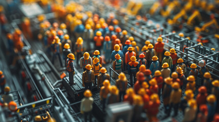 Fototapeta premium A diverse group of miniature toy people standing in a row on a train track, ready to embark on their next adventure