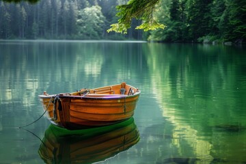 Obraz premium Green boat on calm lake water surrounded by forest
