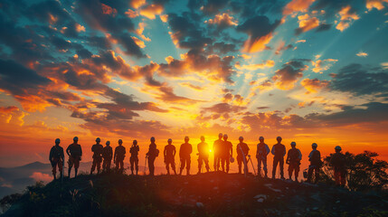 A vibrant group of people triumphantly stand atop a majestic mountain, their spirits soaring high amidst the sweeping views of the world below