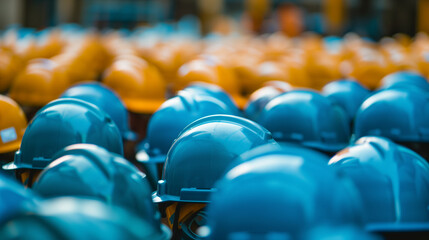 A stack of hard hats rises like a beacon of dedication on Labor Day, symbolizing the resilience and unity of workers in various industries