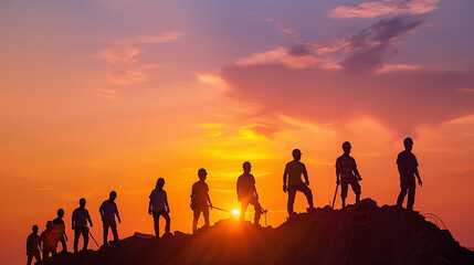 A group of individuals stand proudly on the summit of a towering mountain, basking in their accomplishment as they overlook the breathtaking views below
