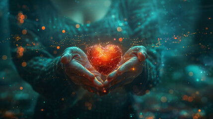 Human hands forming a heart shape, encapsulating a glowing heart, embodying love, care, and the warmth of human compassion in a mystical, cosmic setting.
 - obrazy, fototapety, plakaty