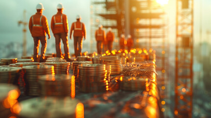 A group of men standing triumphantly atop a towering pile of golden coins, celebrating their successful financial endeavors on Labor Day