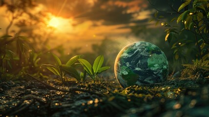 Obraz na płótnie Canvas Plant and globe during a beautiful sunrise - The globe nestled amongst young plants, illustrating nature's embrace, against the backdrop of a breathtaking sunrise