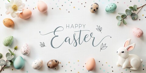 Easter Holiday Greeting Card with Bunny and Floral Decor, Easter eggs, holiday, Easter Flowers, Spring, Easter, greeting card, easter, holiday, Easter Bunny