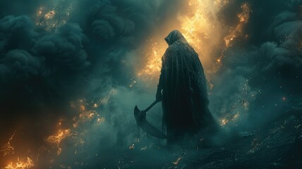 Shrouded figure amidst explosive backdrop - The image captures a cloaked figure in a powerful stance against a backdrop of explosive, fiery clouds, creating a sense of epic drama - obrazy, fototapety, plakaty