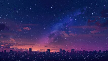 Starry purple night over urban cityscape - A digital image capturing the essence of an urban expanse under a captivating star-filled purple night sky - obrazy, fototapety, plakaty