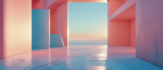 Modern minimalist architecture with smooth lines and pastel sunset colors.