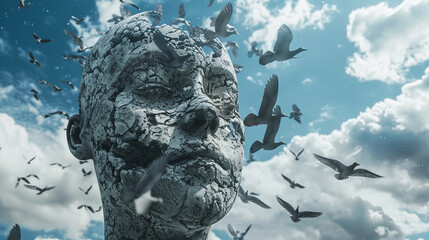 A hyper-realistic 3D head with an open sky for a face where birds fly in and out.