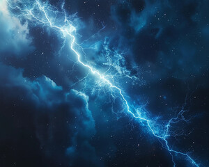Electric blue lightning bolts in dark stormy sky representing power and natural energy.