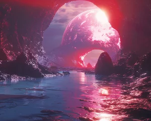 Papier Peint photo Violet Otherworldly landscape with giant planets over a serene lake within an alien cave formation.