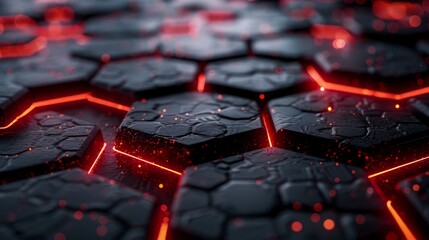 Obraz premium Abstract red neon hexagons on a dark backdrop.