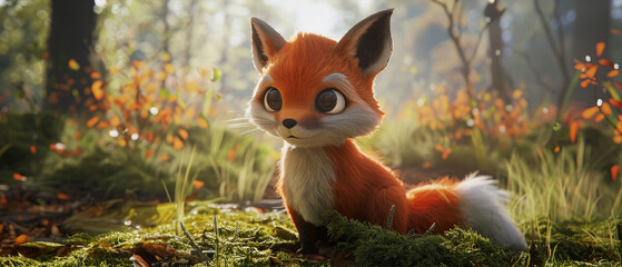 Animated cute fox in a magical forest setting with warm autumn light.
