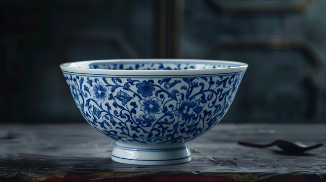 A traditional blue and white porcelain bowl with a classic oriental design. 3d render.