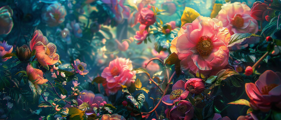 Lush garden of blooming flowers with a soft focus for a dreamy botanical background.