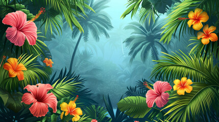 Fototapeta premium A tropical forest with a large pink flower