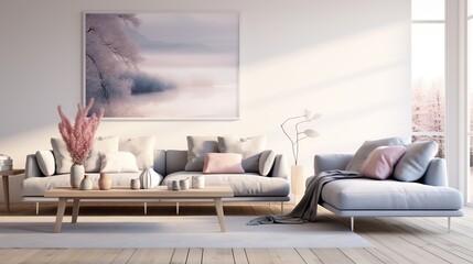 Modern elegant living room interior composition with sophisticated palette and background 