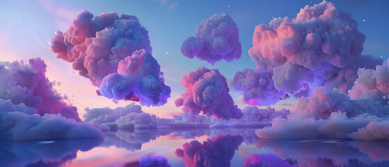 Dreamy cotton candy clouds reflecting in water in a surreal pastel-colored sky.