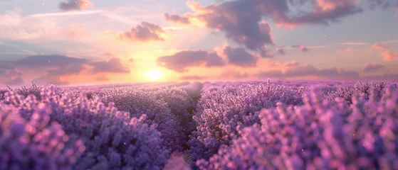 Photo sur Plexiglas Couleur saumon Serene landscape featuring fields of lavender under a soft pastel sky.