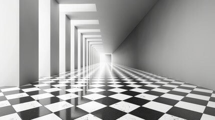A long narrow hallway with white walls and black and white checkered flooring