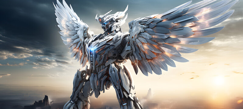 photograph of a Transformers robot white pegasus adorned in celestial sun and moon, ai generative