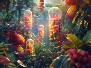 Nutritional pills cradled in the heart of an exotic fruit paradise blending science and nature.
