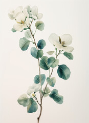 A white flower with green leaves is depicted in watercolor painting