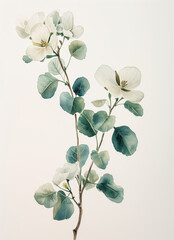Obraz premium A white flower with green leaves is depicted in watercolor painting