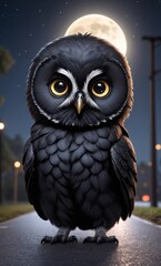 black owl on the asphalt road was sitting in the light of the moon in the sky