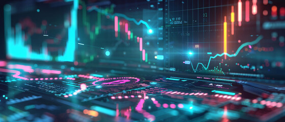 Vibrant motherboard graphics displaying real-time trading charts, highlighting digital trading and market analysis, reflecting financial technology and stock market fluctuations.
 - obrazy, fototapety, plakaty