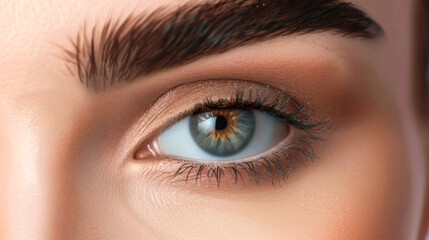 A woman with brown hair and brown eyes is wearing makeup