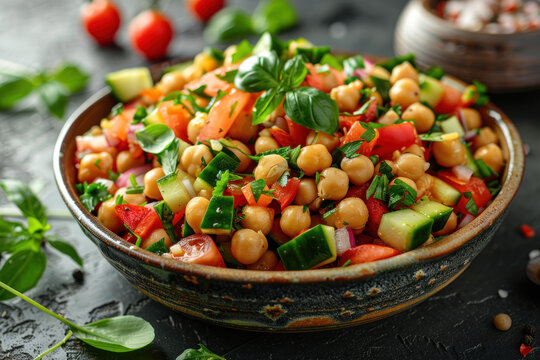Plating design of vegan chickpea salad with fresh ingredient appetizer