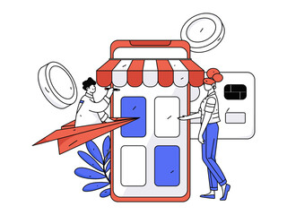 Holiday shopping people doing e-commerce online shopping flat vector concept operation hand drawn illustration
