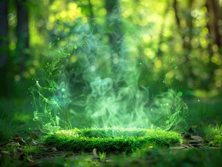 Futuristic tech nature utilizing alternative magical energy sources, green magic
