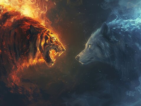 fighting Flame tiger and ice wolves in a standoff, a clash of elemental powers
