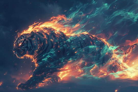 flame tiger under the northern, ice and fire beneath the cosmic dance
