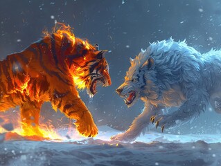 Flame tiger and ice wolves in a standoff, a clash of elemental powers