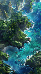 Bird's-eye view of a tropical coastline, concept: travel and pristine environment.
