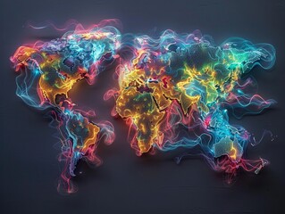 Colorful Digital world map with magical pathways, vibrant neon trails