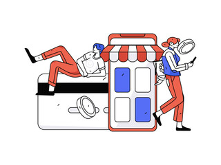 Holiday shopping people doing e-commerce online shopping flat vector concept operation hand drawn illustration
