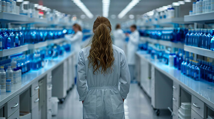 Rear view of a female scientist in a lab with rows of blue liquid samples, research facility. - obrazy, fototapety, plakaty