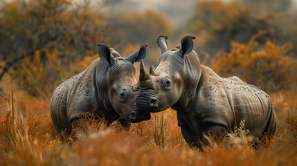 Two adult rhinoceroses standing face to face in a dry grassland, wildlife conservation scene.
