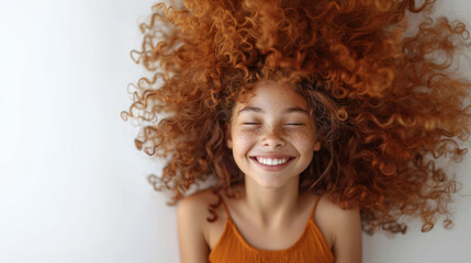 A laughing 12-year-old girl with voluminous curly hair wearing an orange top, standing against a neutral white background.
 - obrazy, fototapety, plakaty