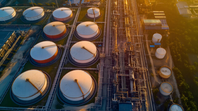 Drohnenaufnahme einer Hafenanlage mit Öltanks und Flüssiggastanks, Tanks voll mit Gas und Öl, Konzept Energieinfrastruktur