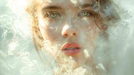 Ethereal Woman Surrounded by Dreamy Mist.