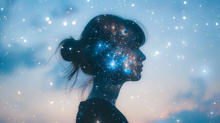 Cosmic Woman Portrait with Stars and Nebulae.