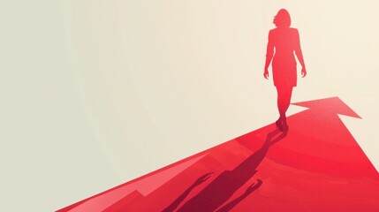 A businesswoman is depicted standing on a red arrow symbolizing rising costs on a white background,