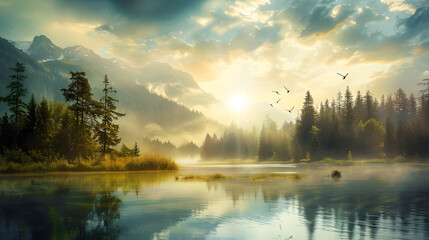 Fototapeta na wymiar Golden Sunrise Over Misty Alpine Lake and Forests, Idyllic AI-Created Digital Art