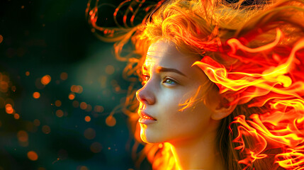 Fototapeta premium Fiery-Haired Woman in Dramatic Warm Light.