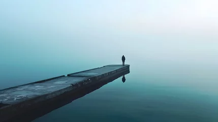 Poster Minimalist Morning Solitude Lone Figure Stands at Piers End Overlooking Calm Waters on Foggy Dawn © Intrpohn